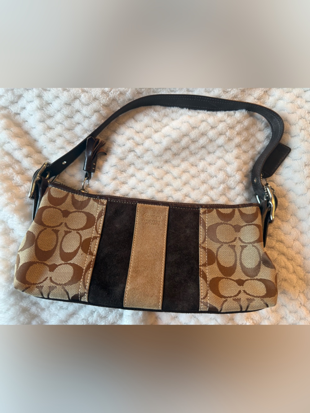 Coach Tan and Dark Brown Canvas & Suede Shoulder Bag
